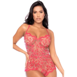 Combishort De Nuit Dentelle Brodée Couleur Cerise Bretelles Réglables