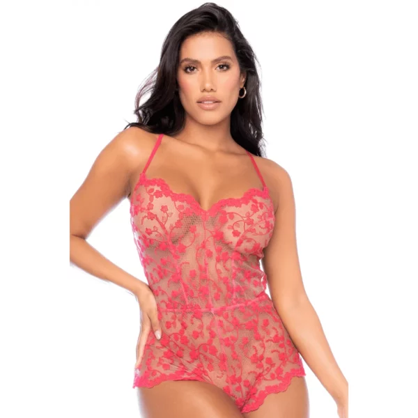 Combishort De Nuit Dentelle Brodée Couleur Cerise Bretelles Réglables