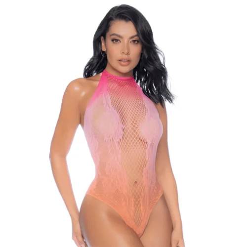Body résille dégradé couleurs chaudes col licou motifs floraux féminins sensuel glamour dos nu extensible maintien ajusté silhouette limitée