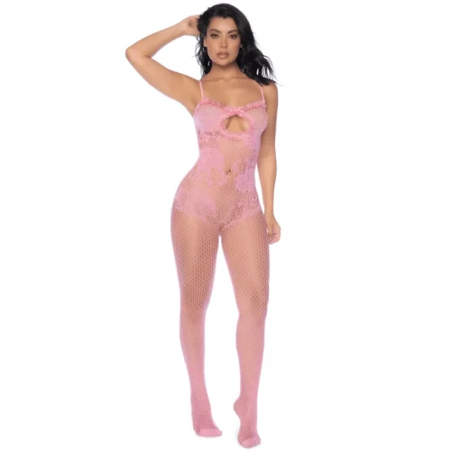 Combinaison résille rose florale sensuelle entrejambe ouverte volants nœud satin bretelles fines extensible transparente séduisante érotique ajustable confortable glamour romantique