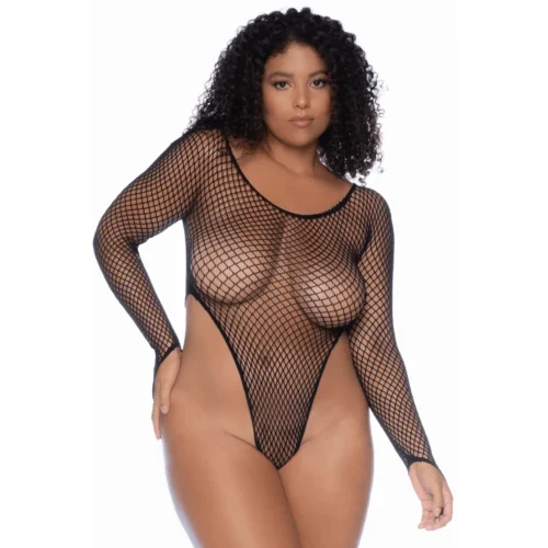 Justaucorps String Grande Taille Résille Noire Manches Longues Échancré Haute Hanches Mitaines Sexy Sculptant Silhouette Extensible