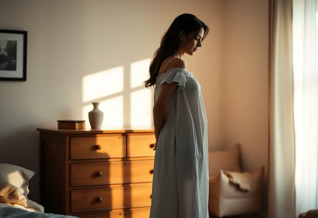Silhouette de femme en nuisette de coton dans une chambre accueillante, représentant repos et guérison