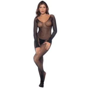 Combinaison Noire Résille Manches Longues Strass Soirées Élégantes Glamour – Image 4