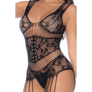 Combinaison Noire Résille Florale Ultra-Sexy Strass Décolleté Glamour – Image 4