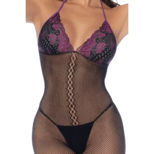 Combinaison Résille Dentelle Noire Violette Ultra-Sexy Col Licou Dos Plongeant – Image 4