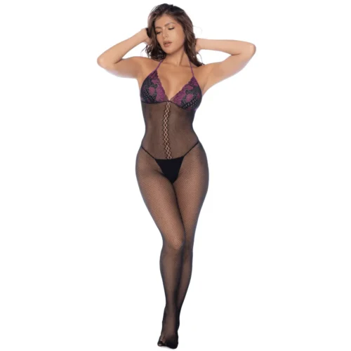 Combinaison résille dentelle noire violette ultra sexy col licou dos plongeant bonnets floraux lacé extensible