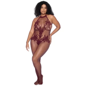 Combinaison Grande Taille Résille Cerise Motifs Floraux Dos Échancré