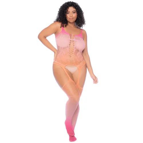 Combinaison grande taille résille dégradée couleurs vibrantes motifs floraux sensualité audace filet extensible effet portejarretelles bretelles fines maintien