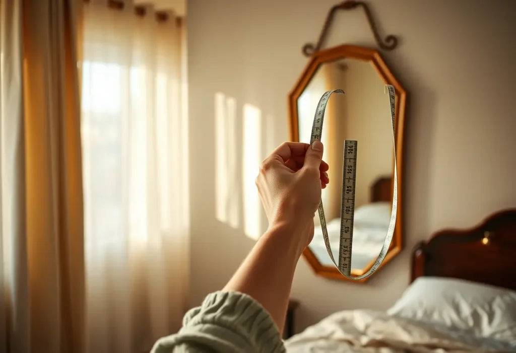 Main de femme tenant un ruban mesure près d'un miroir dans une chambre