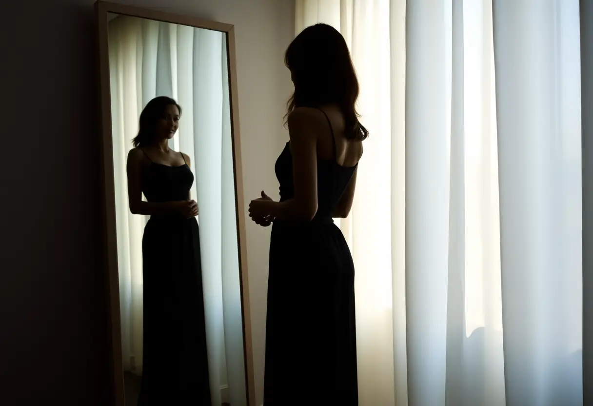 Silhouette d'une femme évaluant sa réflexion dans un dressing bien éclairé