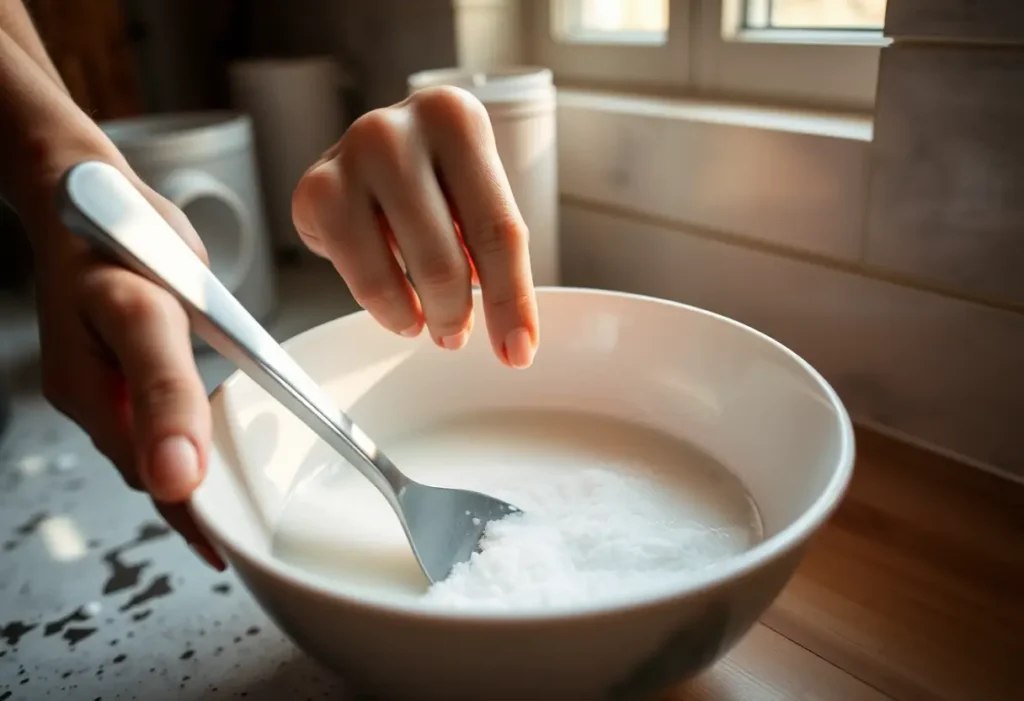 Une main féminine mélange du bicarbonate de soude dans un bol de céramique, symbolisant le soin apporté aux sous-vêtements.