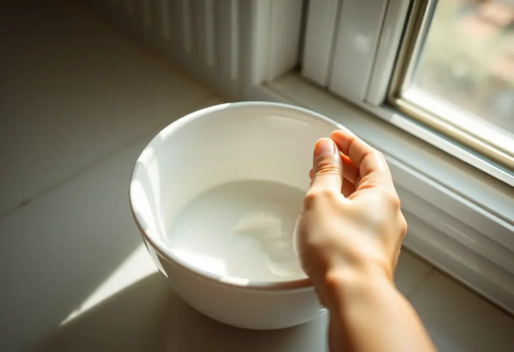 Une main féminine mélange du bicarbonate de soude et du vinaigre blanc dans un bol de céramique