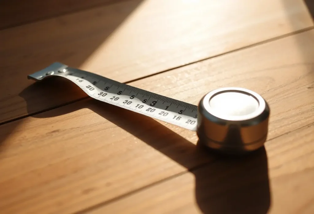 Un mètre ruban posé sur une table, utilisé pour mesurer la taille de soutien-gorge