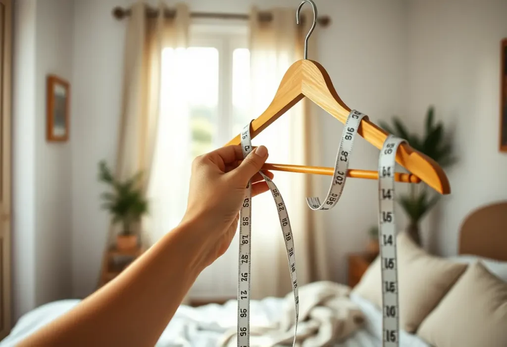 Une main féminine tenant un mètre ruban souple autour d'un cintreuse en bois dans une chambre accueillante