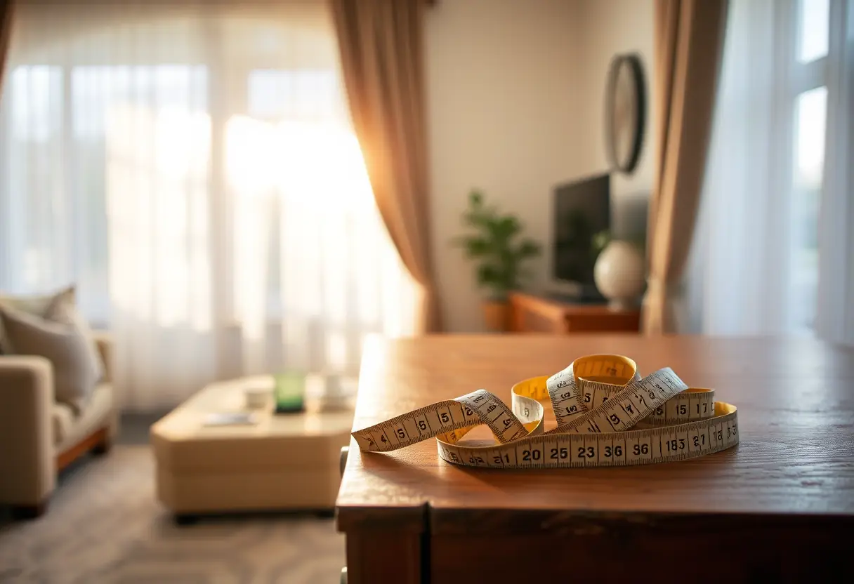 Un mètre ruban enroulé sur un meuble en bois dans un salon accueillant, la lumière du soleil crée des ombres douces