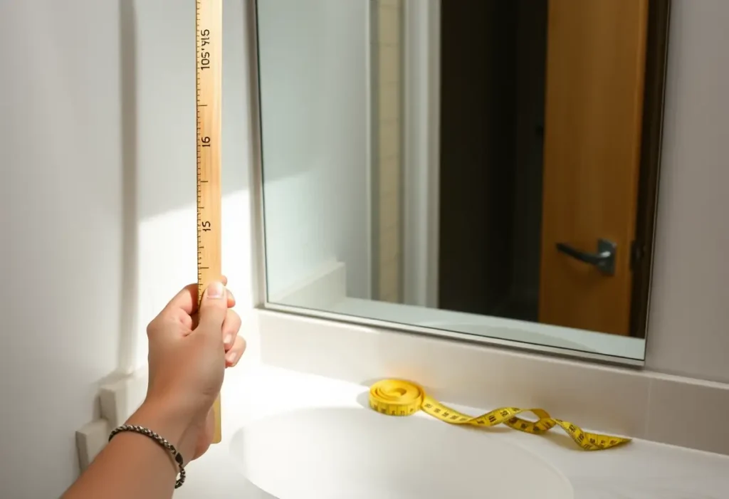 Une main tient un mètre en bois près d'un miroir de salle de bains, où un ruban métrique repose sur le meuble