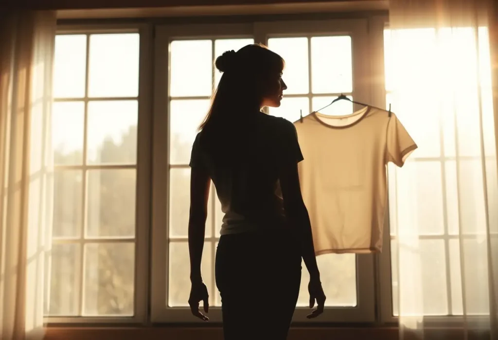 Femme devant une fenêtre avec un vêtement sur une corde à linge