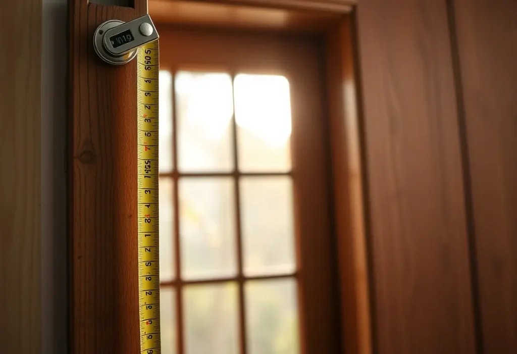 Un mètre ruban accroché près d'une porte en bois, lumière naturelle