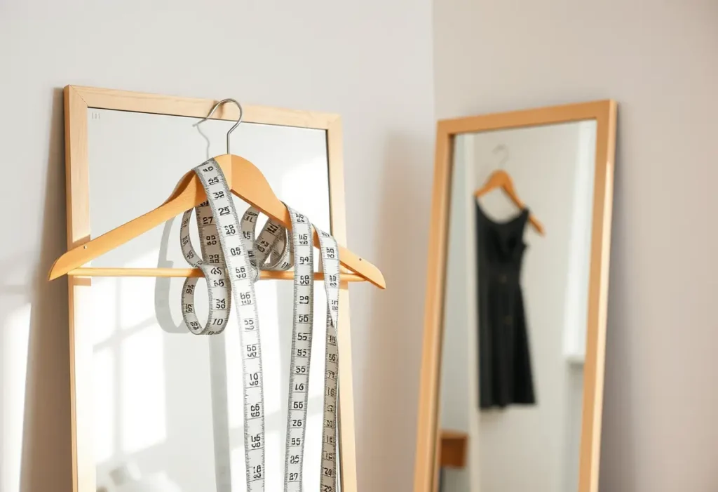 Un porte-vêtements en bois supporte une règle pliée près d'un miroir, soulignant l'importance des mesures précises pour un soutien-gorge adapté