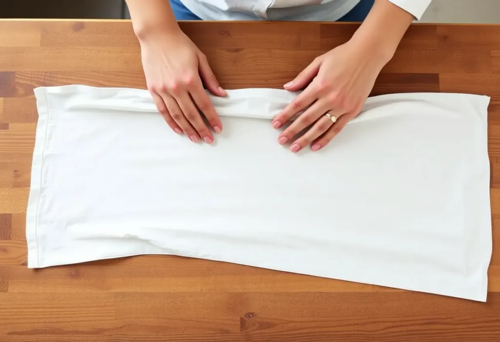 Des mains qui aplatissent un morceau de tissu sur une table en bois, illustrant le processus de couture mentionné