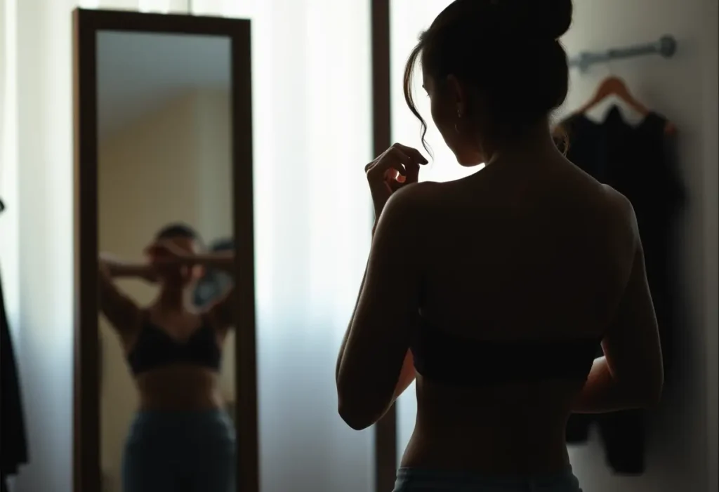 Silhouette de femme ajustant son soutien-gorge devant un miroir en pied dans une pièce bien éclairée