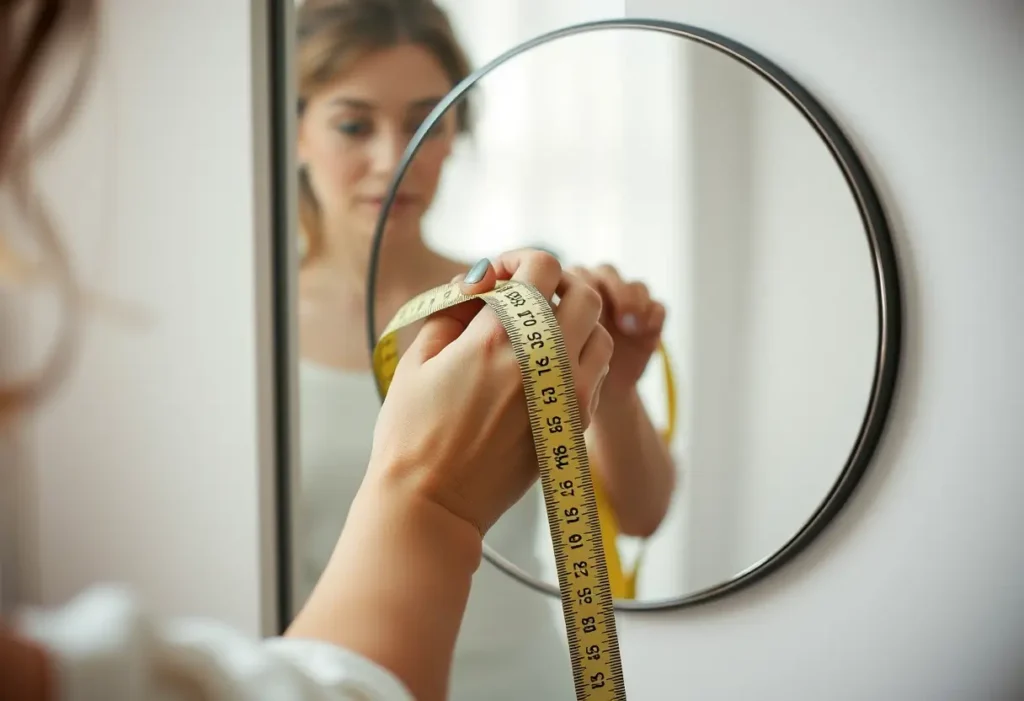 Une main tenant un ruban mesure devant un miroir, symbolisant la prise de mesures précises