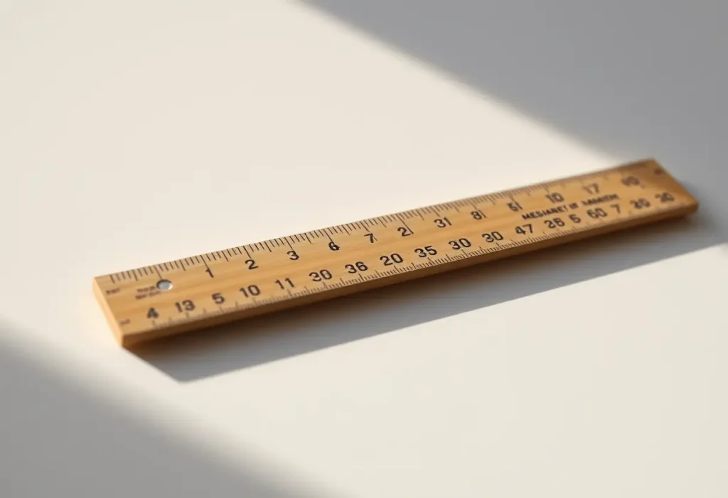 Un règle posée sur une surface plane avec des marques de mesure, éclairée par la lumière du jour.
