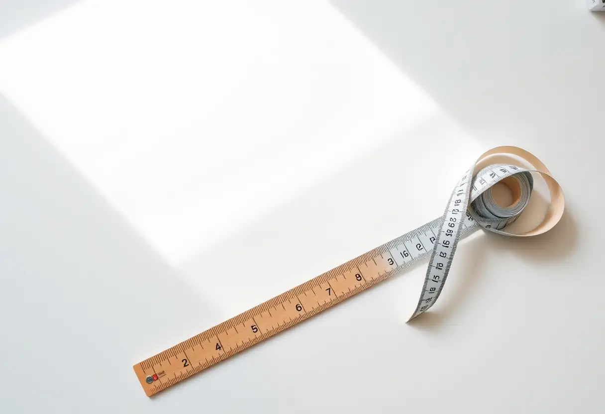 Un règle en bois repose sur un bureau blanc lisse, à côté d’un ruban à mesurer souple, utilisés pour des mesures précises.
