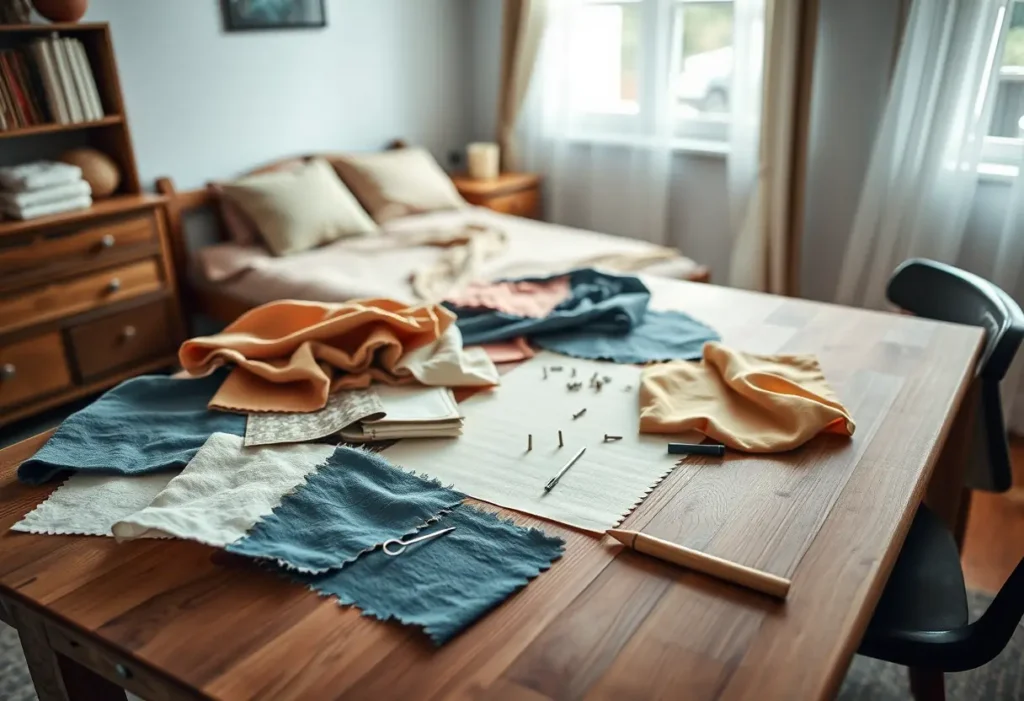 Un bureau en bois avec divers échantillons de tissus et outils de couture dans une chambre bien éclairée