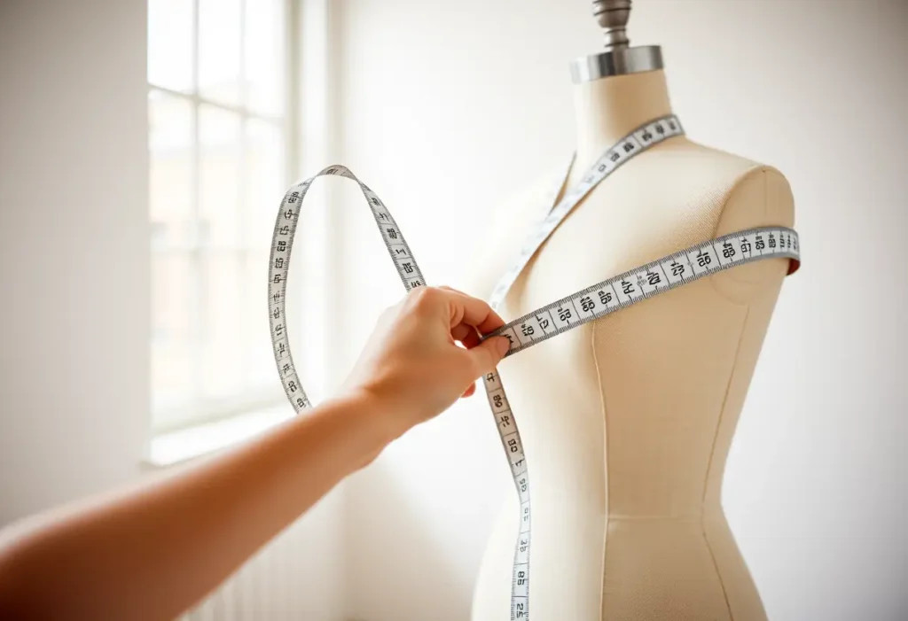 Une main tenant un ruban à mesurer autour d'un mannequin
