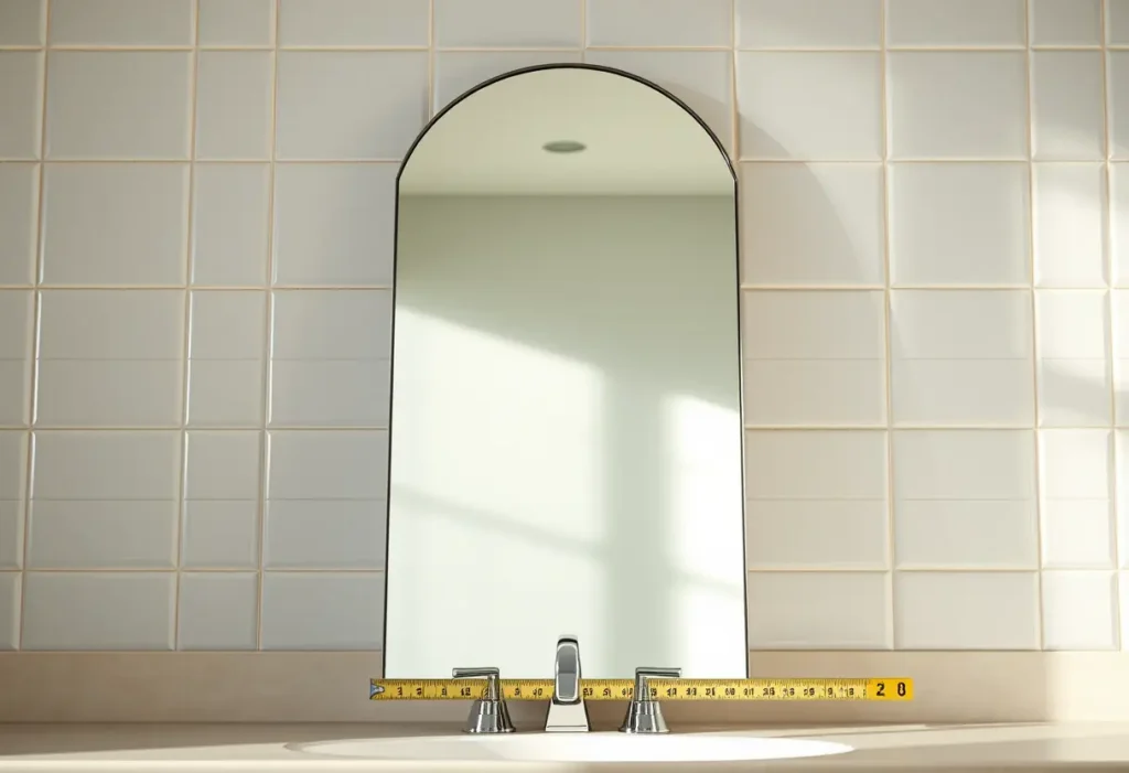 Un miroir sur une table de toilette, utilisé pour vérifier la position du mètre lors de la prise de mesures de soutien-gorge