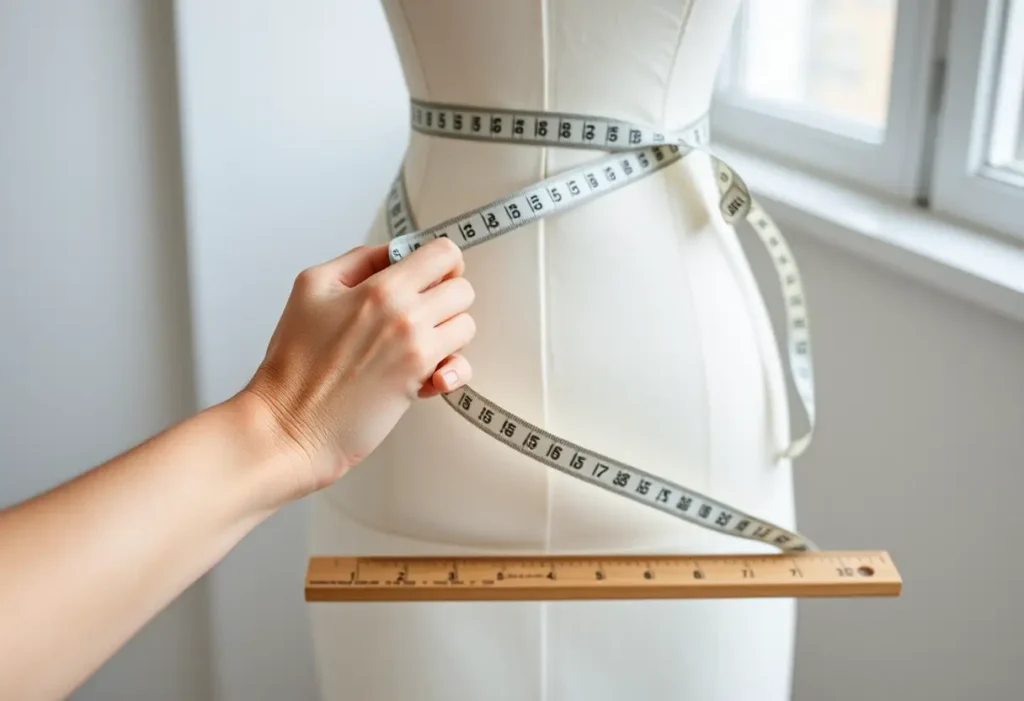 Main d'une femme tenant un mètre ruban souple à côté d'un mannequin, outils importants pour mesurer sa taille de bonnet