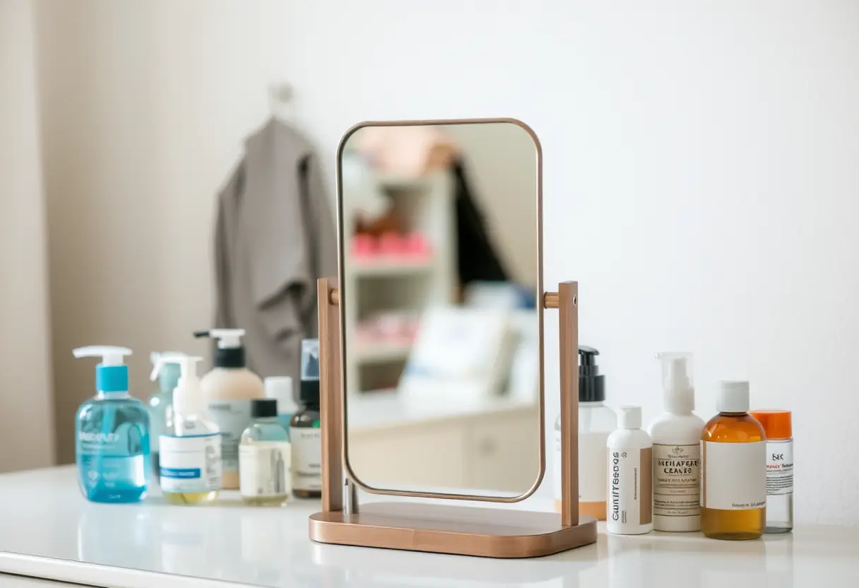 Un miroir sur une commode avec des objets de toilette