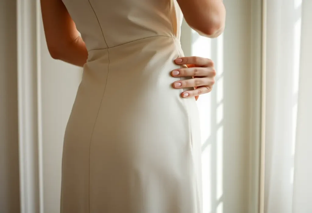 Une main féminine ajuste une robe devant un miroir, éclairée naturellement