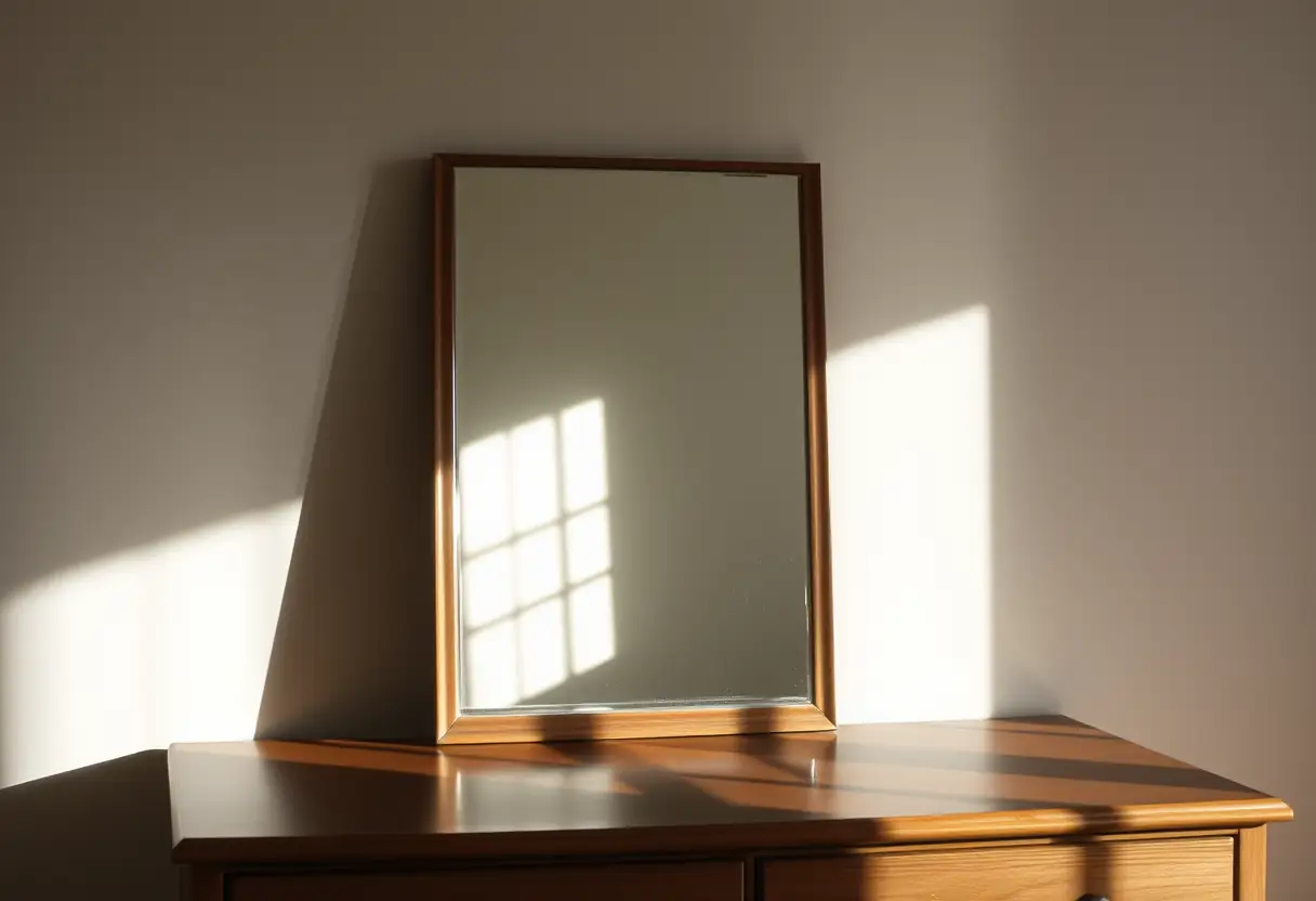 Un miroir sur une commode, utilisable pour aider à prendre ses mesures