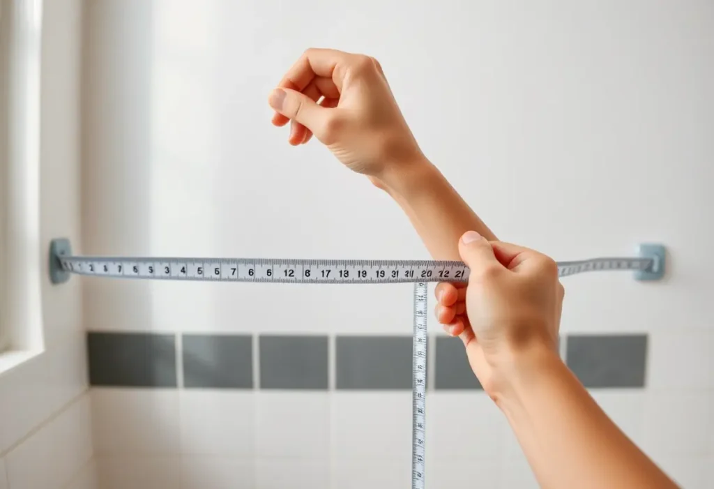 Une main tient un ruban à mesurer contre un mur, montrant la bonne position pour mesurer la circonférence de la poitrine