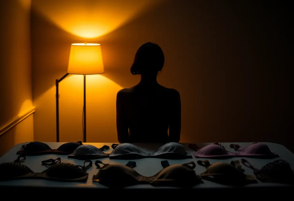 Un profil féminin assis à une table avec divers sous-vêtements disposés devant elle.