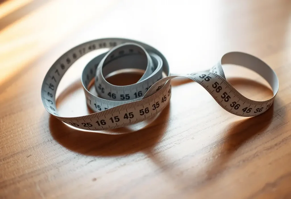 Un ruban à mesurer sur un bureau, utilisé pour trouver la bonne taille de soutien-gorge