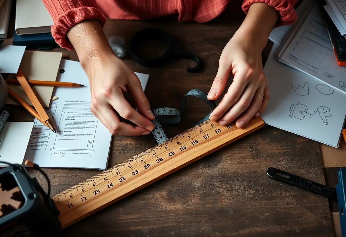 Des mains tenant un mètre ruban, mesurant avec soin un trait sur un règle en bois