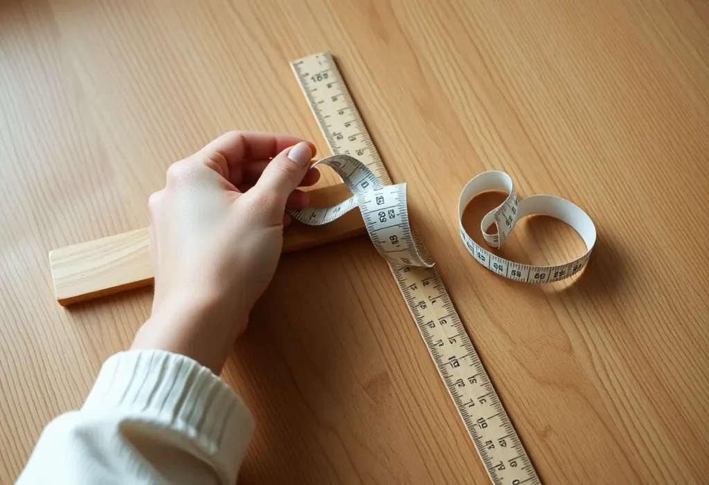 Une main féminine tient doucement un ruban à mesurer posé sur un mètre de bois, symbolisant la recherche du bon soutien-gorge