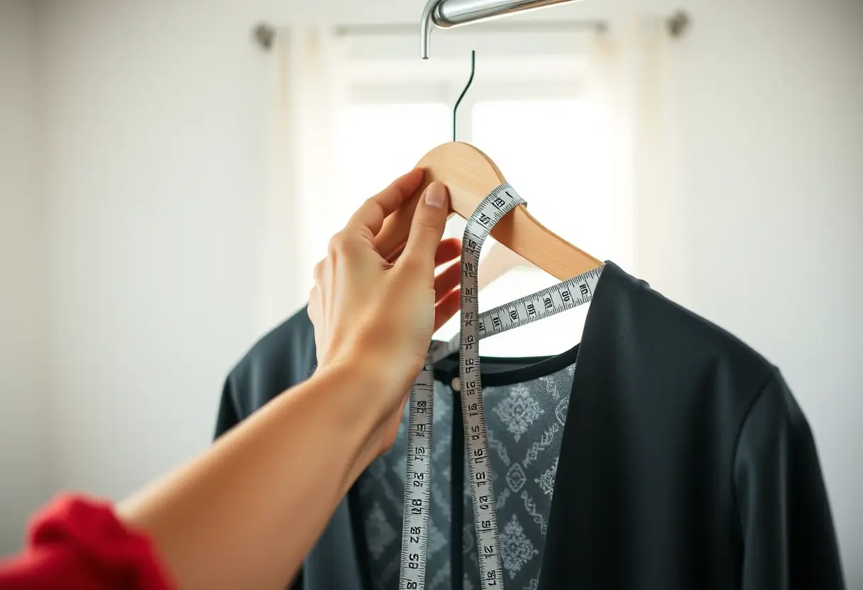 Une main féminine tient un mètre ruban autour d'un cintre en bois, soulignant l'importance des mesures précises pour les vêtements.