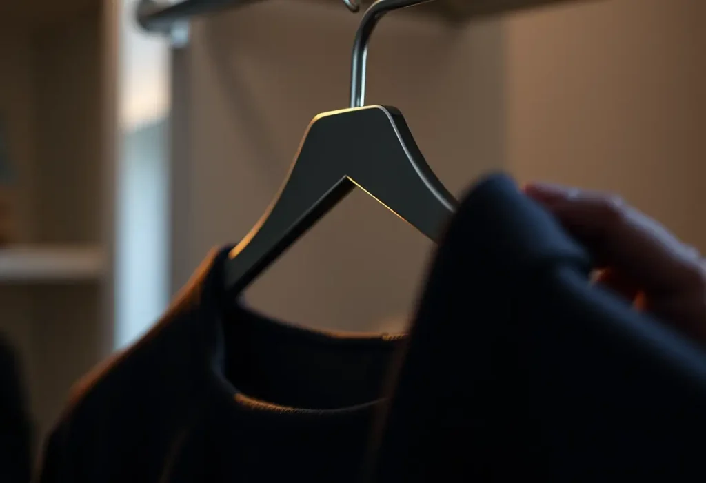 Un cintre métallique dans un placard, éclairé par une lumière douce, soulignant l’importance d’un soutien-gorge bien ajusté pour la santé.