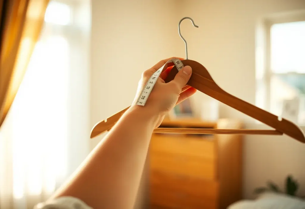 Main de femme tenant un mètre ruban en tissu près d'un cintreuse en bois dans une chambre éclairée par la lumière du matin