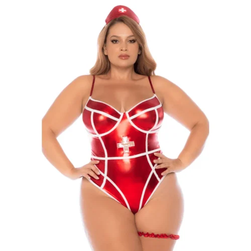 costume sexy infirmière grande taille rouge métallisé bretelles ajustables body jarretière coiffe extensible brillant glamour provocant séduisant confortable élastique