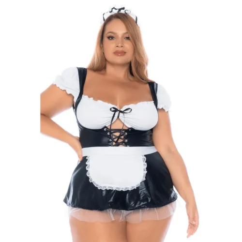 Costume Soubrette Sexy Grande Taille Résille Dentelle Laçage Avant Effet Mouillé Ajustable Moulant Tablier Amovible Coiffe Ruban Satin