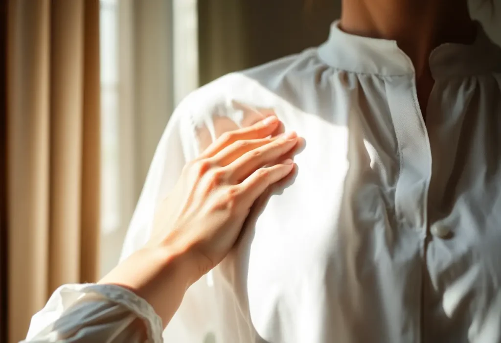 Main: une main féminine repasse doucement une blouse en coton, lumière naturelle éclairant la scène, représentation de la bienveillance et de l'auto-acceptation.