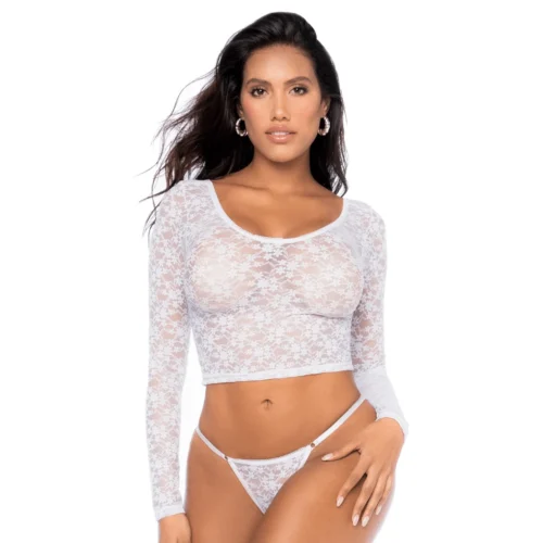 ensemble lingerie dentelle blanche haut court manches longues string floral extensible transparent délicate sensuel raffiné ajusté confortable polyvalent féminin