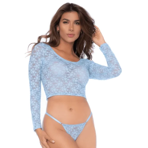 ensemble lingerie dentelle bleue pastel haut court manches longues string sensuel transparent florale extensible délicate confortable glamour élégant raffiné