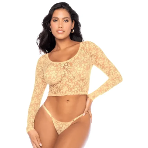ensemble top court manches longues transparente dentelle florale jaune pastel string assorti sensuelle extensible confortable respirante