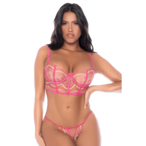 ensemble lingerie bustier brodé rose maintien confort séduction ajustable élégance féminité armatures bretelles réglables laçage dos string satiné soyeux qualité